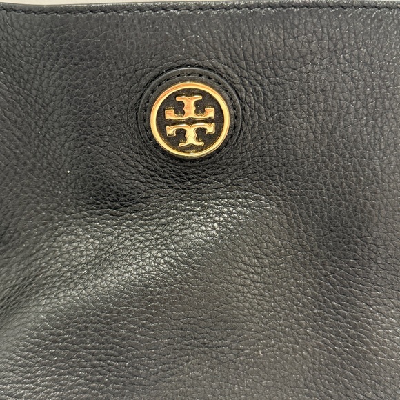 Tory Burch Bombe T Black Pebbled Leather Tote Gold Logo Shoulder Bag Large - Picture 3 of 6